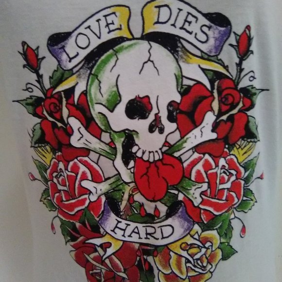 Ed Hardy White Short Sleeve with Rhinestones "Love Dies Hard" T-shirt - Picture 2 of 13